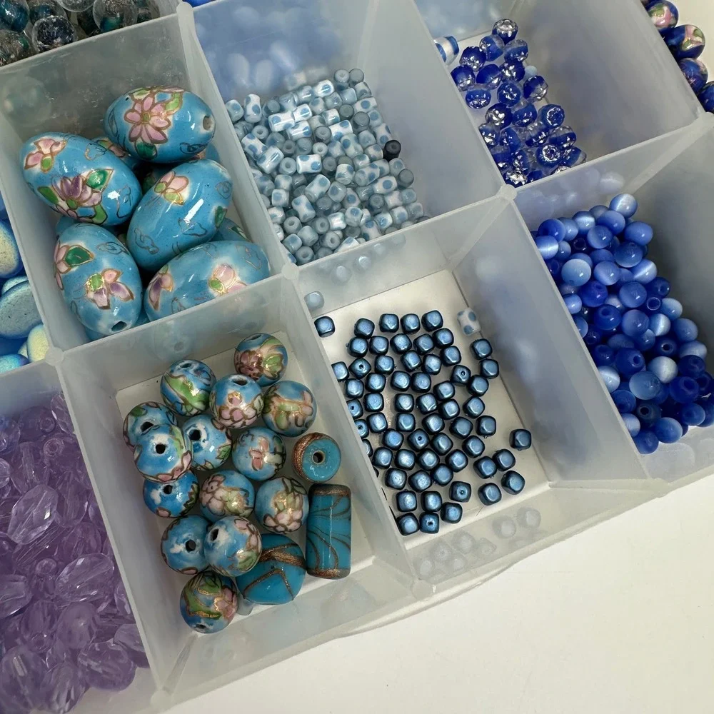 Large Blue Glass Bead Lot Jewelry Making Supplies Cloisonne Cat Eye Organizer